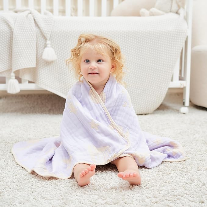 6-Layer Ultra-Soft Muslin Baby Hooded Towel - Made with Organic Cotton, Ocean Jacquard for Bath & Beach, 32x32 Inches (Lavender Ocean)