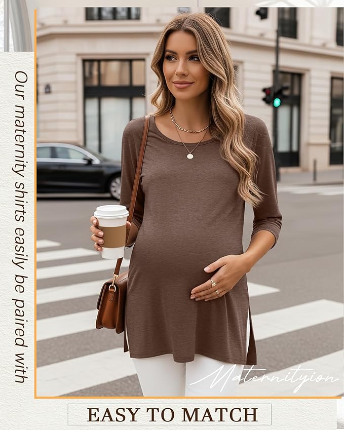 3 Pack Women's 3/4 Sleeve Maternity Shirts Elbow Length Clothes Round Neck Tunics Pregnancy Loose Side Split Tops