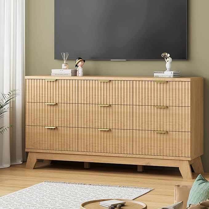 Fluted Dresser for Bedroom with 9 Drawers, 57" Wide Modern Chest of Drawers with Metal Handle, Wooden Dresser TV Stand, Wood Closet Clothes Storage Organizer for Living Room, Hallway, Natural Oak