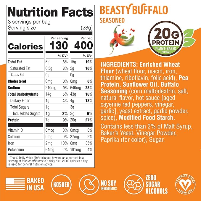 Lenny & Larry's FITZELS Protein Pretzels [Beastly Buffalo] – 8 x 3oz Bags of High Protein Snacks with 20g Plant Based Protein – Vegan Snack – Incredibly Tasty with Salty Crunch