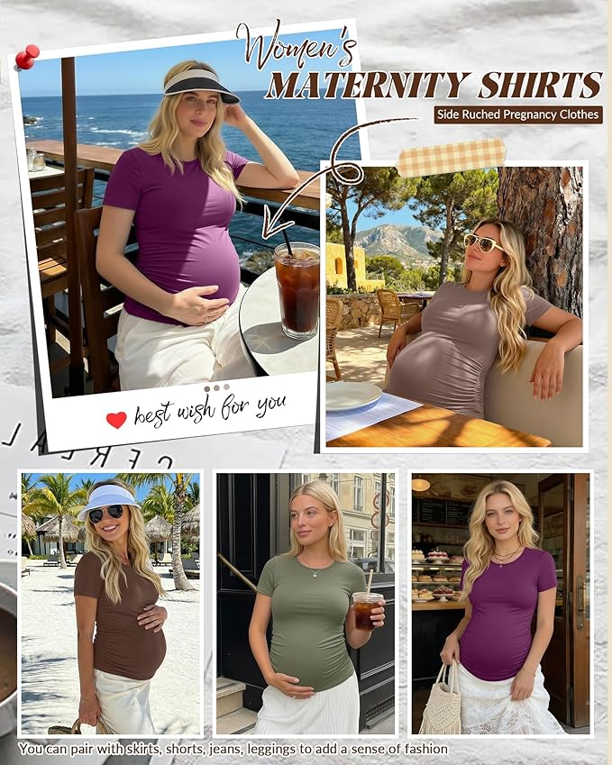 Huukeay 4 Pack Women's Maternity Shirts, Crew Neck Maternity Top Short Sleeve Casual Cotton Tee Side Ruched Pregnancy Clothes
