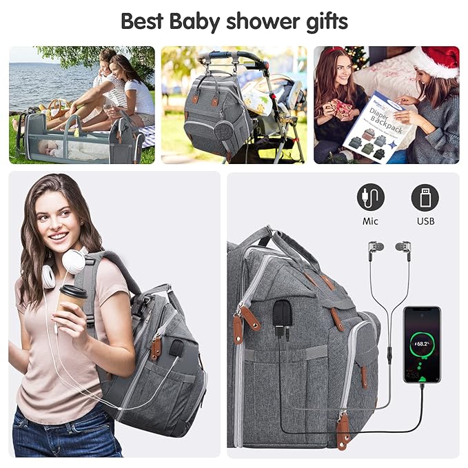 DERJUNSTAR Baby Diaper Bag Backpack with ChangingStation-Large Capacity Baby Bag for Boys & Girls, USBCharging Port, Pacifier Case, sunshade & Toy Bar,Waterproof