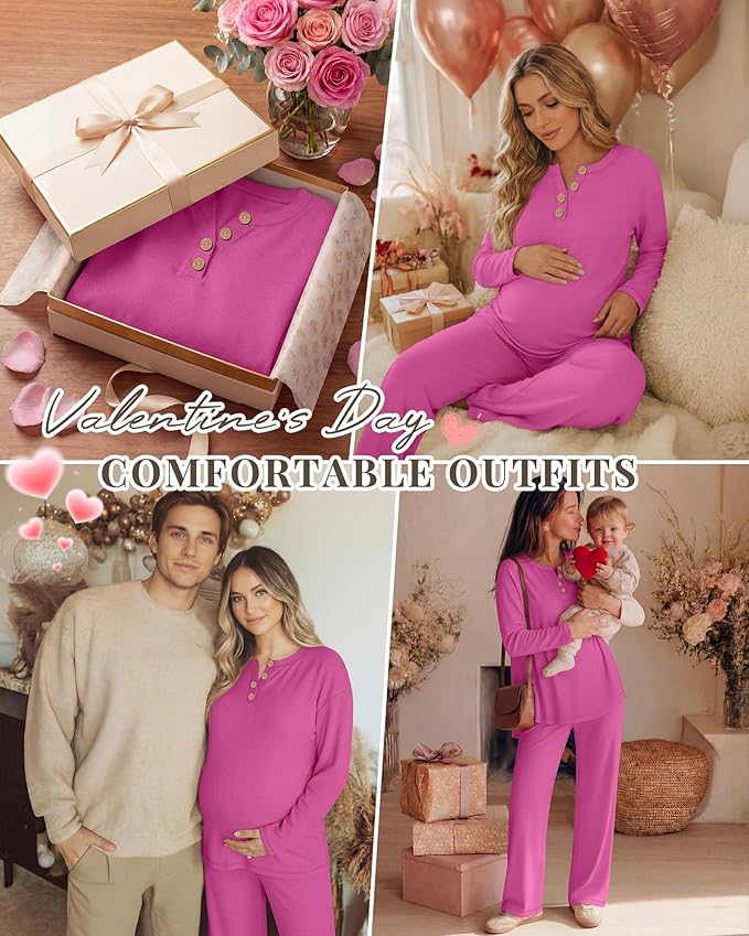2 Piece Thermal Maternity Lounge Set Postpartum Pregnancy Fleece Loungewear Long Sleeve Top and Wide Leg Pant