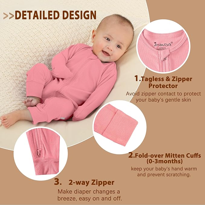 Jimonda Ribbed Rayon From Bamboo Baby Boys/Girls Sleepers, 2-Way Zipper Long Sleeve Footless Pajamas With Mittens Soft Pjs