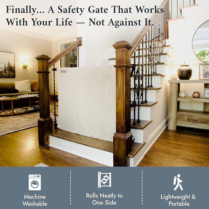 The Stair Barrier First Fabric Banister to Banister Baby Gates for Stairs 42”–52” Wide x 32” Tall– No Drill Baby Gate for Top or Bottom Staircase, Machine-Washable Climb Proof, Designed in USA, Beige