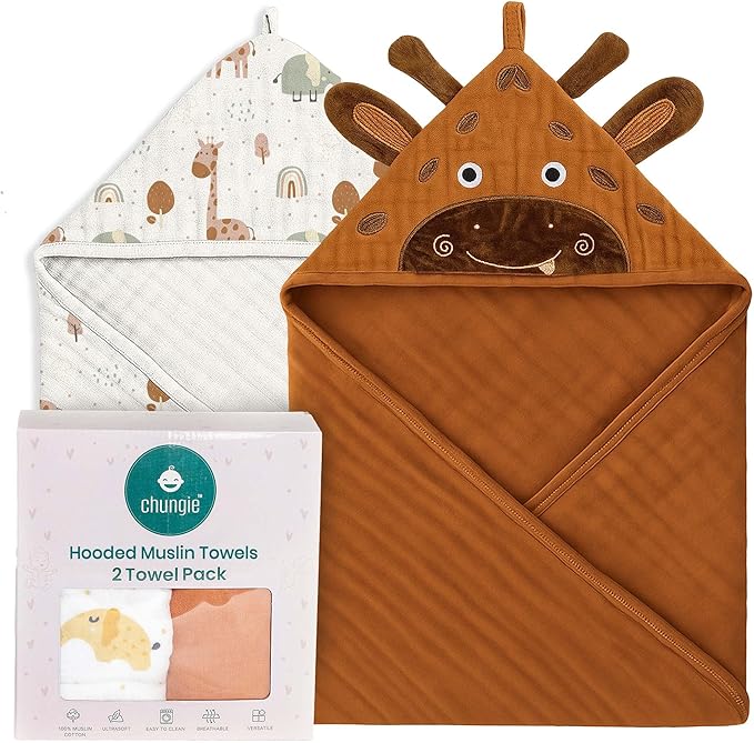 Chungie Soft Muslin Hooded Baby Towels 32x32 inches – 100% Cotton, 6-Layer Breathable Newborn Bath Towels with Hood, Pack of 2 (Printed + Embroidered)