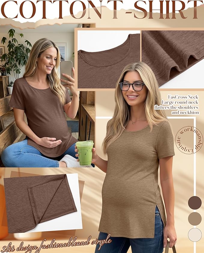 3 Pack Women's Maternity Shirts Short Sleeve Round Neck Side Split Pregnancy Tops Loose Summer Casual Mama Clothes