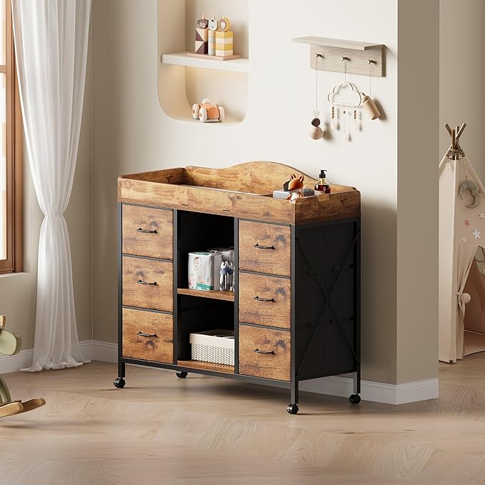 Changing Table, 6-Drawer Baby Dresser with Changing Table top,Waterproof Diaper Changing Station & Pad, 2 Height-Adjustable Open Storage Shelves, Mobile Nursery Organizer, Rustic Brown