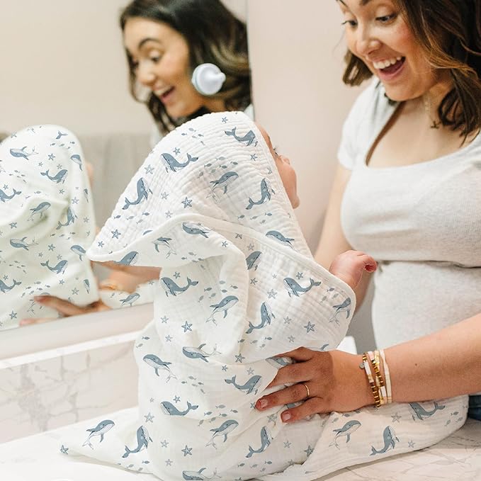 Konssy 2-Pack Muslin Hooded Baby Towels, 100% Cotton, Ultra-Soft & Absorbent Baby Bath Towels with Hood for Newborn & Infant (Blue, Blue Whale, 37.5" x 37.5")