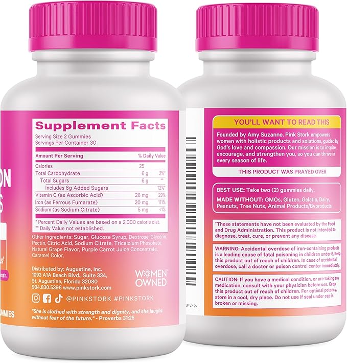 Pink Stork Prenatal Iron Supplement Gummies for Women - 20 mg with Vitamin C - Grape Chewable for Deficiency, Energy, & Blood Builder - 60 Gummy Chews