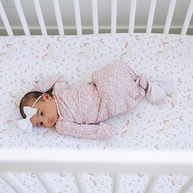 Sorrel + Fern Crib Sheets Neutral - Fitted Baby Crib Sheets Bed for Girl Boy - 2 Pack Standard & Toddler Mattress (Unicorn Blossom) - Buttery Soft Organic Cotton Blend