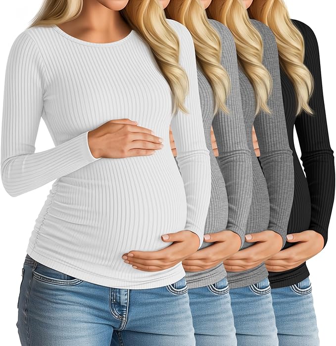 Huukeay 4 Pack Women's Maternity Shirts, Long Sleeve Cotton Ribbed Pregnancy Tops Side Ruched Crew Neck Casual Mama Clothes
