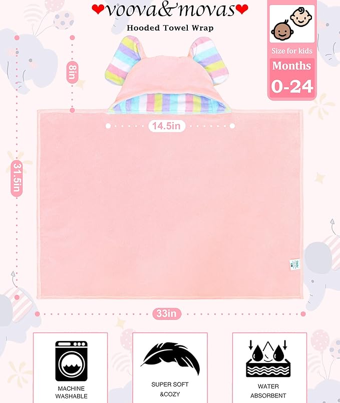 VOOVA & MOVAS Premium Pink Baby Hooded Bath Towel-100% Cotton,500GSM,33x31.5 Inches,0-2Years,Super Absorbent Large Towel with Cute Elephant Ears Hood for Newborn,Baby,Infant, Baby Essentials,Pink