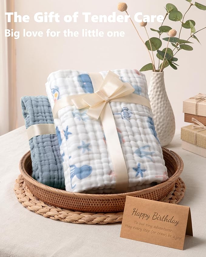 Baby Bath Towels, 100% Muslin Cotton Hooded Baby Towels for Newborn, 2 Pack Baby Towels with Hood for Infant Toddler and Kids, Large 32x32Inch Unisex Bath Essentials, Soft and Absorbent