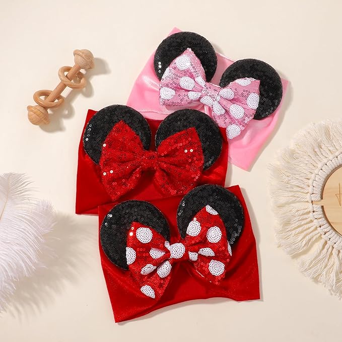 choicbaby 3 PCS 5 Inches Mouse Ears Sequin Bow Nylon Hairband with Polka Dot Cute Baby Headbands Soft Hairbands Hair Accessories for Newborn Infant Toddler Party Supplies
