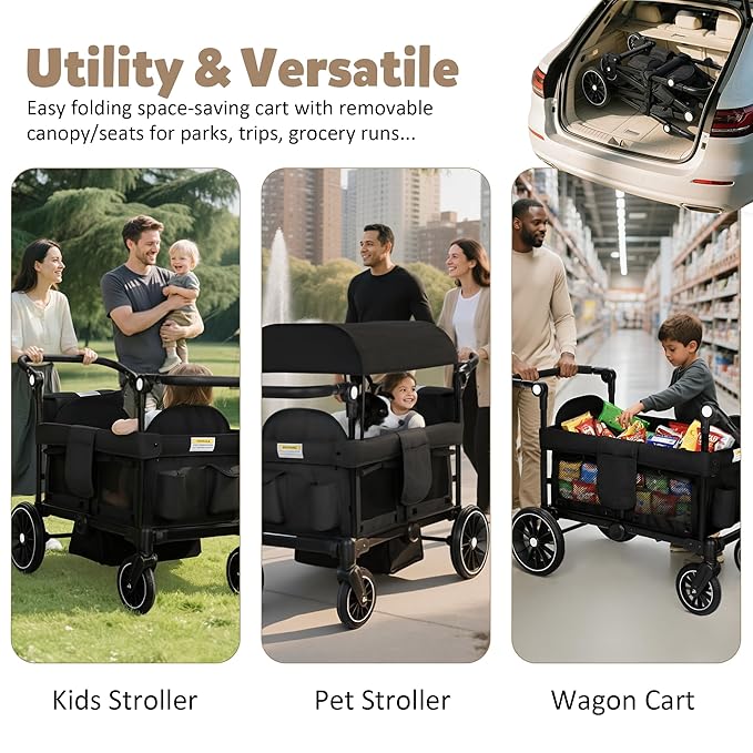 Wagon Stroller for 2 Kids, All-Terrain Stroller Wagon, Foldable Kids Wagon Cart Featuring with Harnesses, Adjustable Double Push Handle, Removable Canopy, Snack Tray, Large Storage Bag, Black