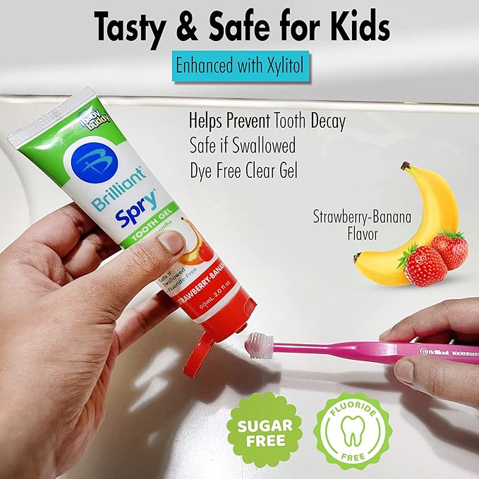 First Teeth Oral Care Kit by Brilliant Oral Care - Includes Baby's 1st Teether Brush, Brilliant Baby Toothbrush & 2oz Spry Strawberry-Banana Tooth Gel 4 Months Old and Up, Pink (00545P)