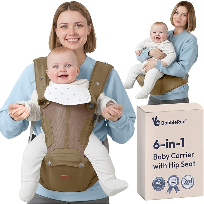 BabbleRoo Grow Carrier – Safety-Certified 6-in-1 Baby Carrier with Hip Seat, Ergonomic & Adjustable Toddler Carrier 7-50 lbs with Hip Support, Hood for Sun Protection, Newborn to Toddler, Warm Taupe