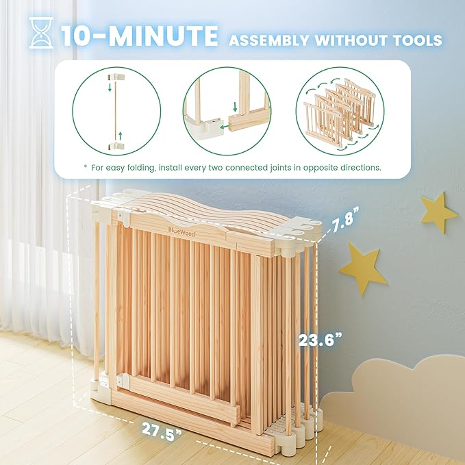 Foldable Wooden Playpen - Adjustable Wood Baby Play Yard with Child-Proof Lock, Indoor Large Safety Fence for Babies and Toddlers - Easy Assembly, 55 x 55 x 24 inches, Nature Nest