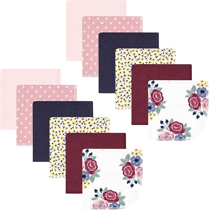 Hudson Baby Unisex Baby Flannel Washcloths, Blush Navy Floral 12Pk, One Size