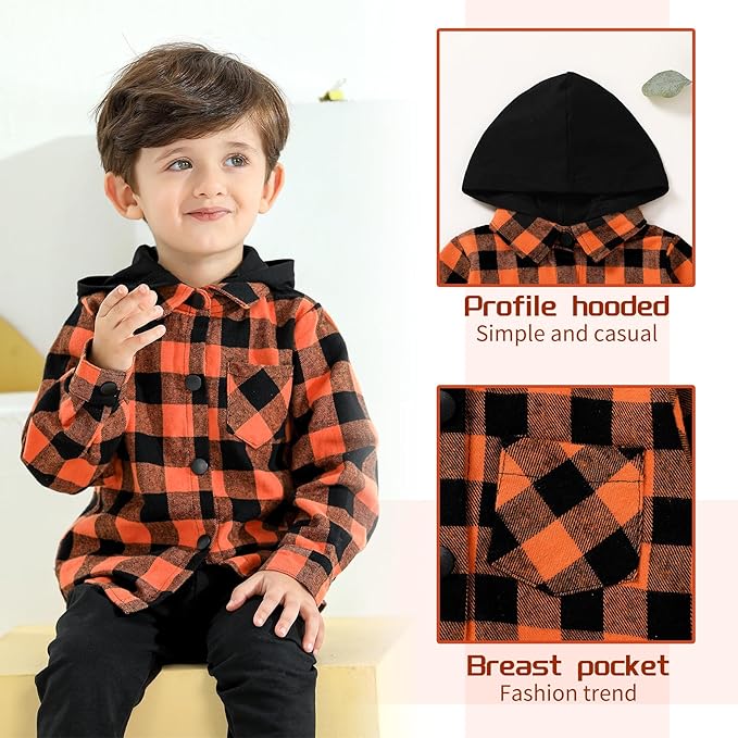 YOUNGER STAR Toddler Kids Boys Girls Flannel Hooded Plaid Shirt Button Baby Red Clothes