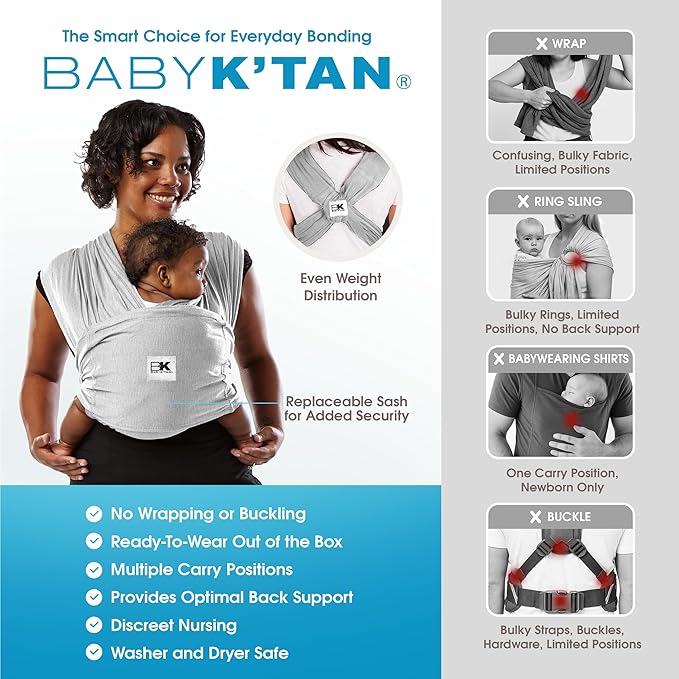 Original Baby K'tan Baby Carrier: #1 Easy Pre-Wrapped, Soft, Slip-On, No Rings, No Buckles | 5 in 1 Baby Sling for Hands-Free Comfort | Heather Grey | Small