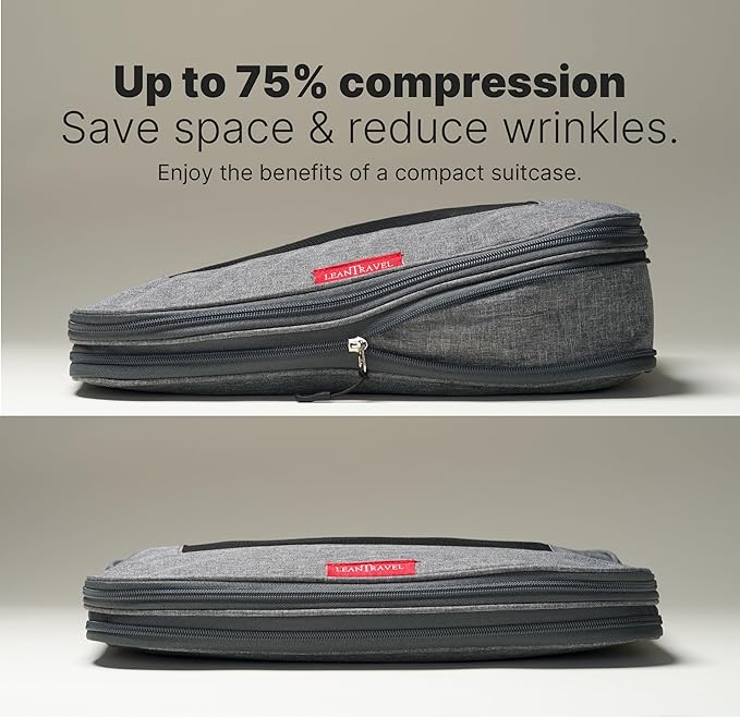 LeanTravel Premium Compression Packing Cubes for Travel - Luggage Organizers with Double Zipper - Sturdy Bags for Suitcase (4-Pack, Grey)