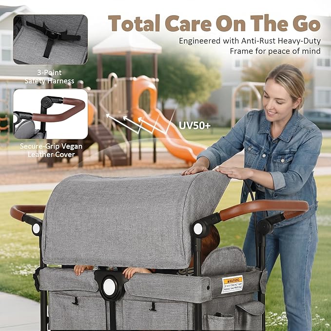 Wagon Stroller for 2 Kids, Foldable Kids Wagon Cart Featuring with Harnesses, Adjustable Double Push Handle, Removable Canopy, Snack Tray, Large Storage Bag, Gray