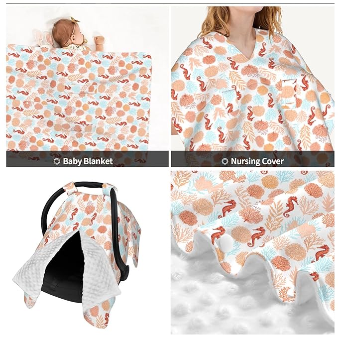 Tropical Pattern Corals Sea Horse Baby Car Seat Canopy Nursing Cover for Newborn Car Seat Breastfeeding Covers Blanket Newborn Shower Gift