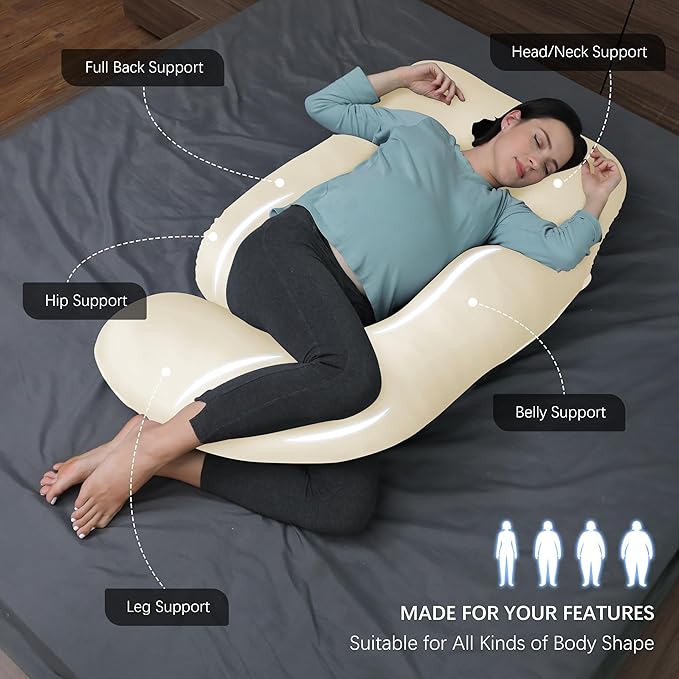 MOON PARK Pregnancy Pillows for Sleeping - U Shaped Full Body Maternity Pillow with Removable Cover - Support for Back, Legs, Belly, Hips - 57 Inch - Ivory - Cooling Cover