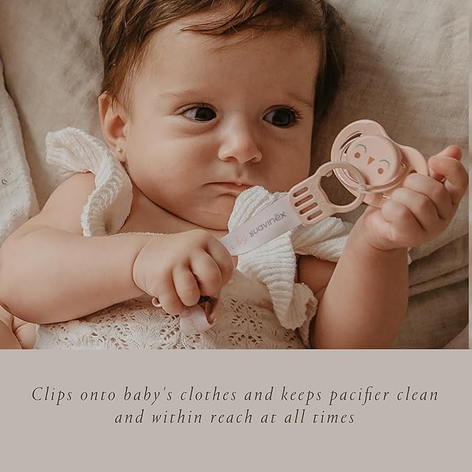 Suavinex Bonhomia Premium Baby Pacifier Clip with Ribbon, Stylish Binky Clips with Double Sided Design, Baby Accessories, Baby Essentials (0mo+), Pink