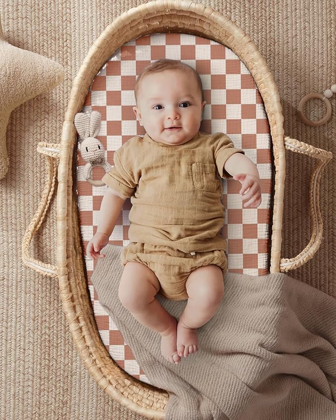 Blissful Diary Muslin Bassinet Sheets for Baby Girls Boys, Boho Soft Cotton Fitted for Oval Hourglass Rectangle Mattress, 2 Pack(Brown Checkboard & Brown)