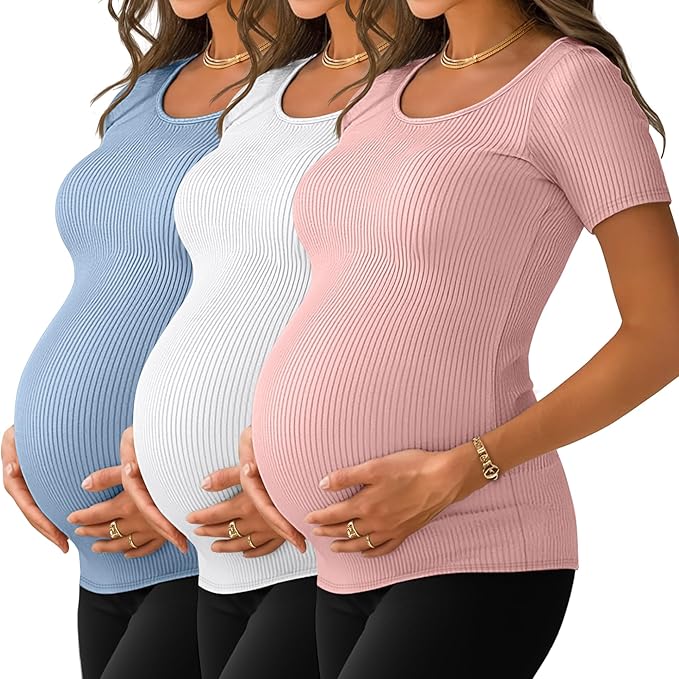 Neer 3 Pack Women's Ribbed Maternity Tops Pregnancy Round Neck Shirts Short Sleeve Soft Maternity Clothes for Mama