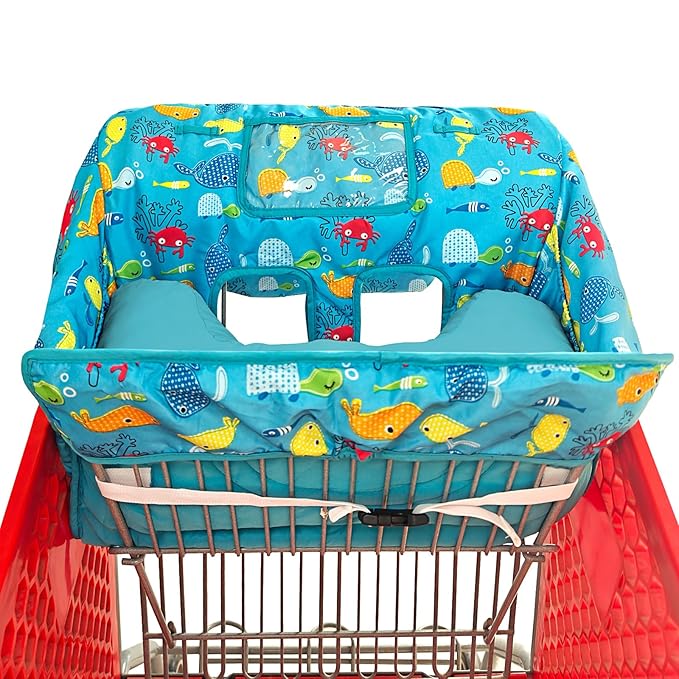 Love&go Soft Pillow Attached 2-in-1 Shopping Cart and High Chair Cover for Baby~Padded~Fold'n Roll Style~Portable with Free Carry Bag (Blue Seaworld)