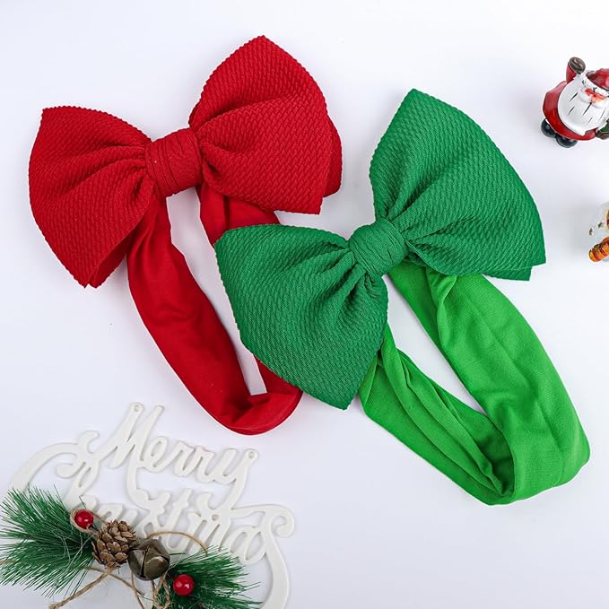 YanJie Baby Headbands, Red Hair Bow and Green Elastic Nylon Hairbands for Newborns and Infants, 2Pcs