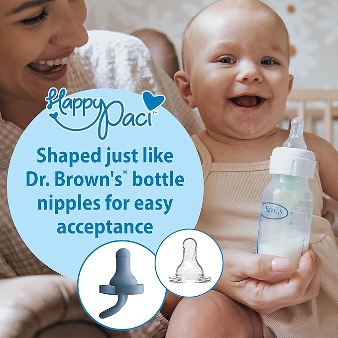 Dr. Brown's HappyPaci 100% Silicone Baby Pacifier, Contoured One-Piece Design, Blue/Light Blue/White, 0-6m, BPA-Free, 3-Pack