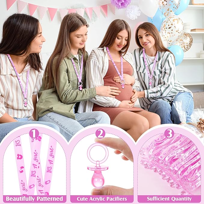 ZYFLSQ 60 Pieces Baby Shower Pacifiers Necklace, Acrylic Pacifier Necklaces for Baby Shower Games Girl Charm, Party Favors, Decorations DIY, Gender Reveal Table Scatter(Pink)