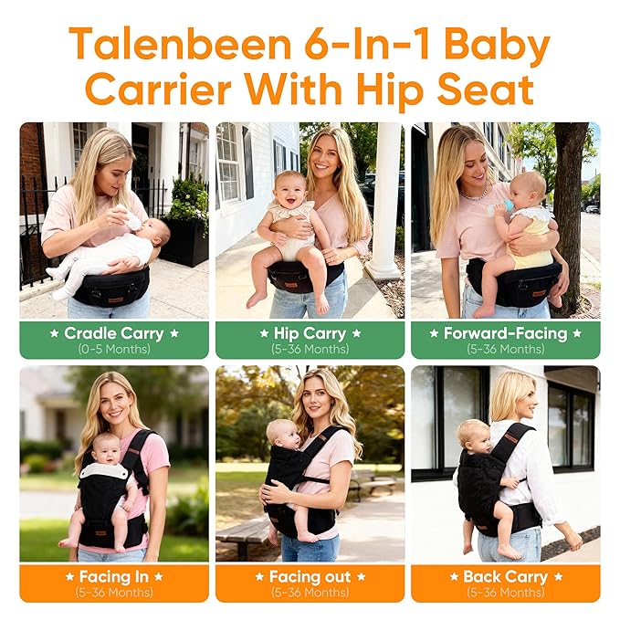 Baby Carrier, 6-in-1 Baby Carrier Newborn to Toddler, Babys Carriers with Hip Seat Lumbar Support 7-45 lbs, Baby Soft Carrier for All Seasons & Positions