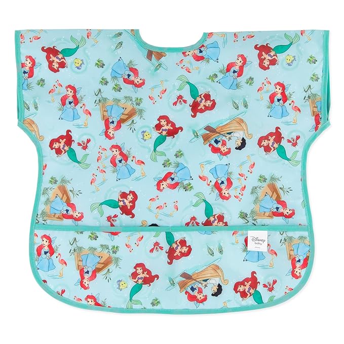 Bumkins Disney Short Sleeve Bib for Girl or Boy, Toddler and Kids for 1-3 Years, Large Size, Essential Must Have for Junior Children, Eating, Mess Saving Soft Fabric Apron for Play, Ariel