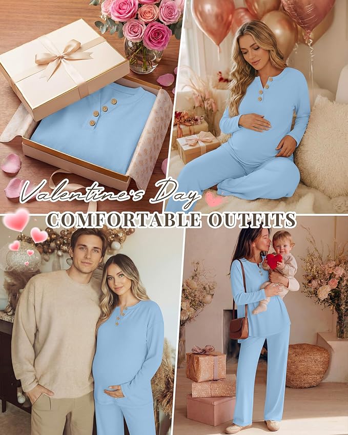2 Piece Thermal Maternity Lounge Set Postpartum Pregnancy Fleece Loungewear Long Sleeve Top and Wide Leg Pant