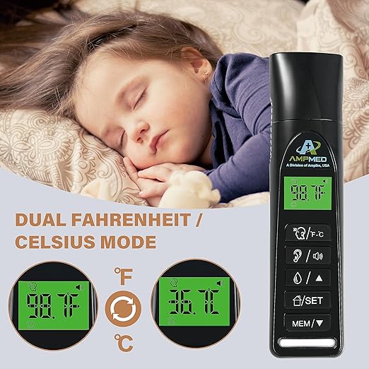 Amplim Baby Thermometer | 3-in-1 Accurate Infrared Thermometer for Ear, Forehead & Touchless, Fever Thermometer for Baby, Infants, Toddlers, Kids & Adults | Base Stand & Clock (Black)