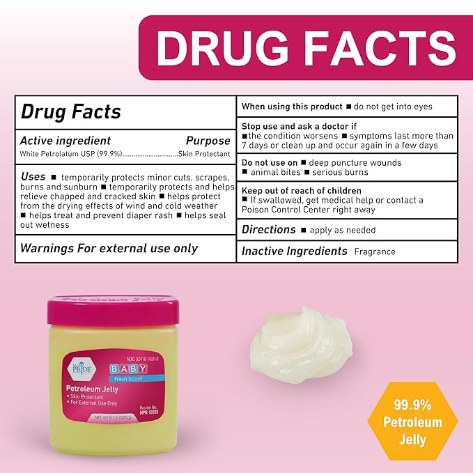 MED PRIDE Petroleum Jelly with Fresh Baby Scent, Pink, 8 oz – Skin Protectant & Moisturizing Ointment for Dry Skin, Rashes, Minor Burns, Chapped Lips & Diaper Rash