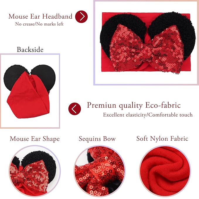 3PCS Baby Girl Mouse Ears Headbands with Sequin Bow, 4.5inches Wide Nylon Turban Hairband, Theme Park Headwear, Hair Bow Headband for Toddler, Kids, Party Supplies