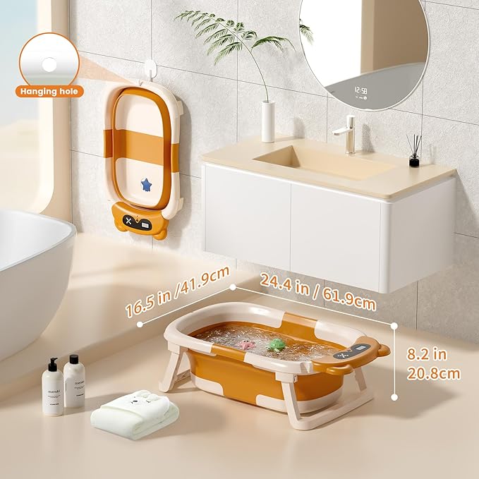 Collapsible Baby Bathtub for Newborn to Toddler (0-18 Months) - Foldable Baby Bath Tub with Soft Towel, Newborn& Infant Bathtub for Travel and Outdoor, Brown