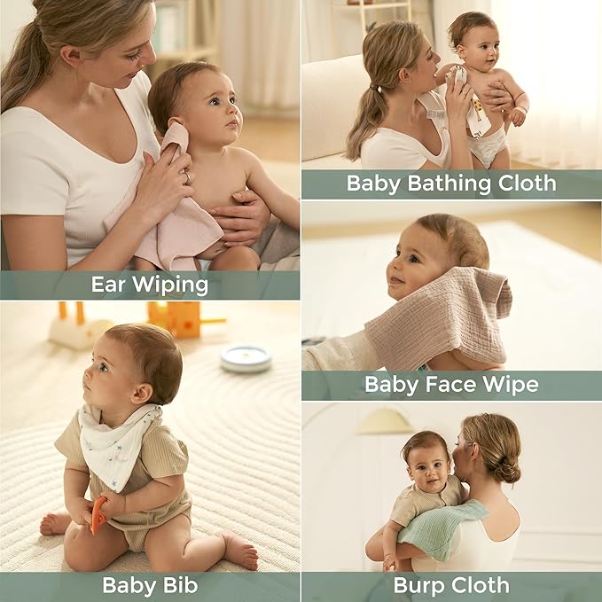 Momcozy Baby Washcloths - 4 Layer Design| Medium Thickness| Soft & Absorbent| Premium Cotton for Newborns' Skin-Great for Bathing, Wiping & on-the-go Use, Shower Gift and Essential(5 Pack, 10x10 inch)
