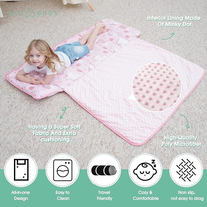 ACRABROS Toddler Nap Mat with Pillow and Blanket, Large Rolled Napping Mats,Slumber Bags for Boys Girls,Kids Sleeping Bag for Daycare, Preschool Travel