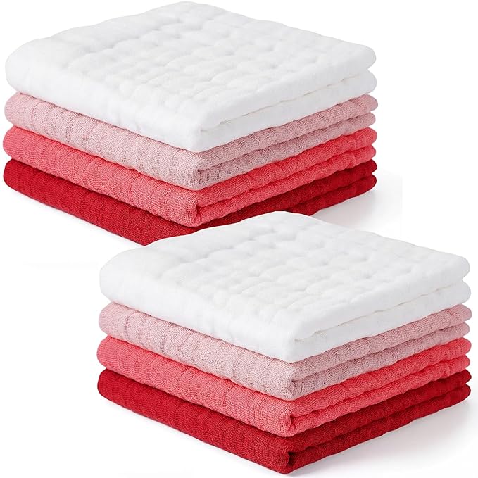 8 Pcs Baby Washcloths for Newborn 12 x 12 Inch Muslin Face Towels Cotton Absorbent for Delicate Skin Soft Muslin Cloth Reusable Baby Registry as Shower Gift, 4 Colors(Rose Red)