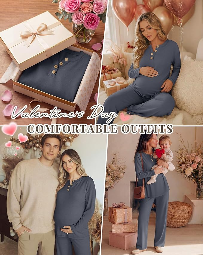 2 Piece Thermal Maternity Lounge Set Postpartum Pregnancy Fleece Loungewear Long Sleeve Top and Wide Leg Pant