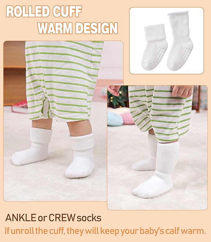 LANLEO Baby Girls Boys Non Slip Socks with Grips Toddler Kids Unisex Warm Thick Cotton Ankle Crew Socks with Grippers