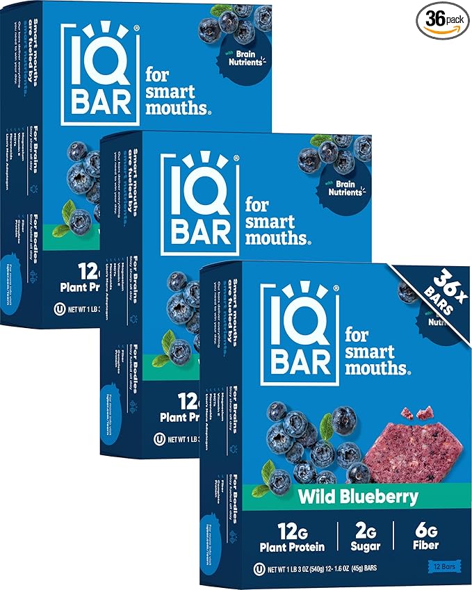 IQBAR Brain and Body Clean Plant Protein Bars - Wild Blueberry - 36 Bars - Keto, Vegan, High Fiber, Gluten and Dairy Free, Low Sugar Snack with Nutrients for Focus, Energy, Meal Replacement